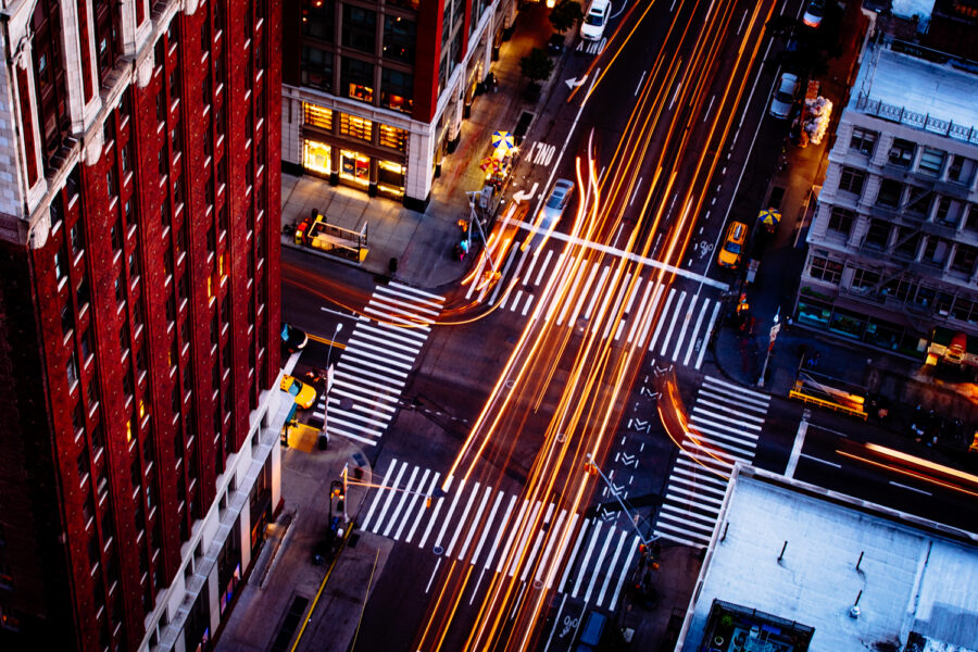 Overhead view of New York City Streeet at night